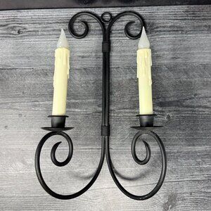 Vintage Black Wrought Iron 2 Candle Wall‎ Sconce Double Candle Holder